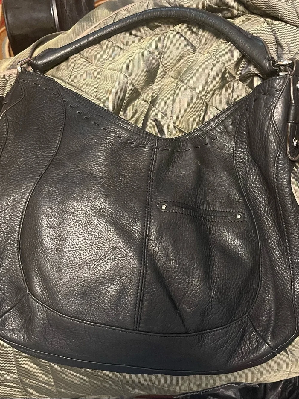 B. makowsky Black Leather Hobo with Silver-Tone Grommets